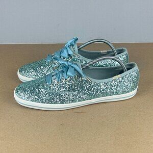Kate Spade Keds Glitter Ribbon Lace Sneakers Womens 8 Light Blue Low Top